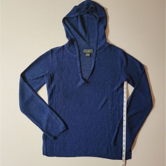 Eddie Bauer Women's Blue Knit V-neck Hooded Long Sleeve Sweater - Picture 4 of 11